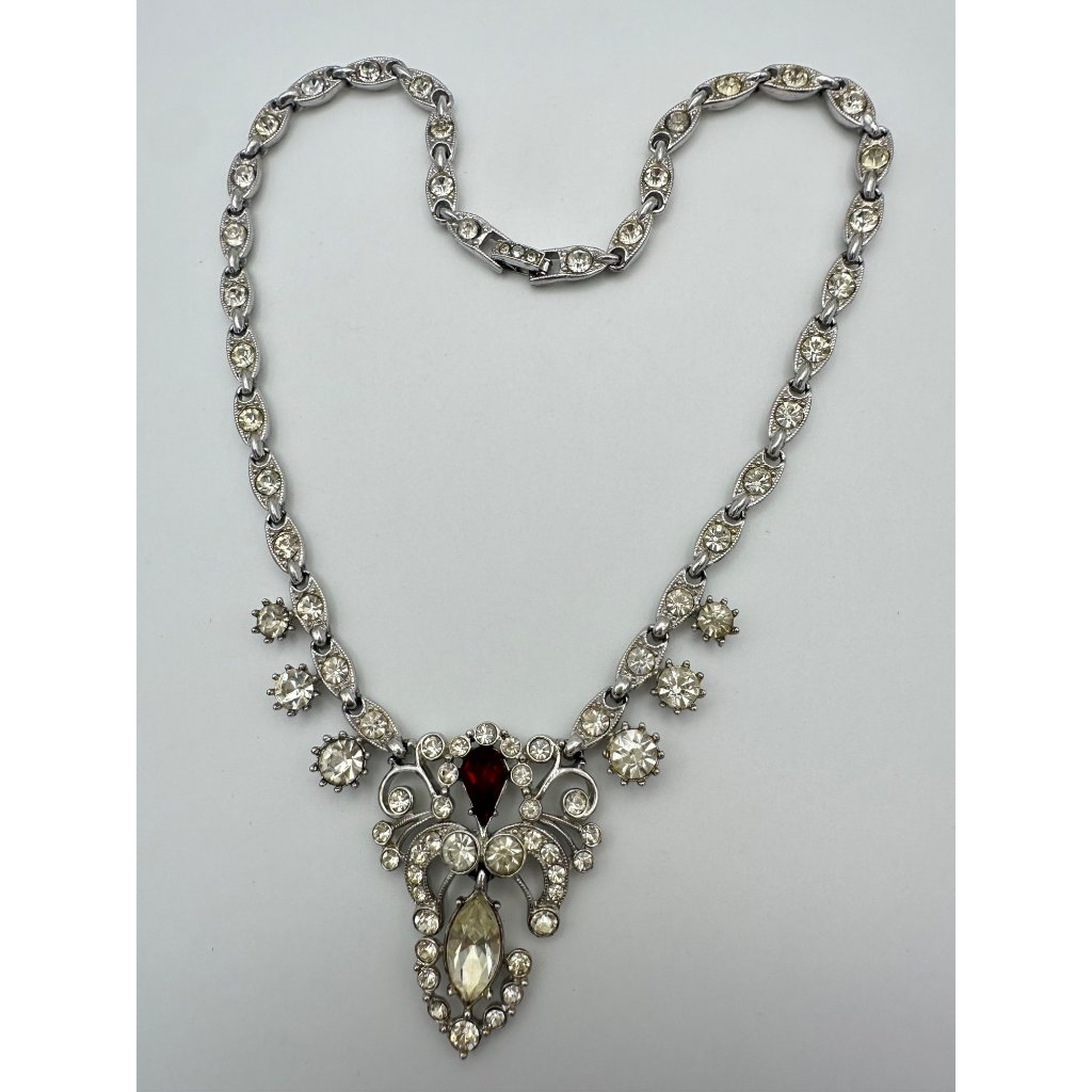 Ora 1940s Vintage Silver Tone Rhodium Plated Clear Red Rhinestones Necklace